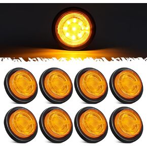 Partsam 8Pcs 2.5 inch Amber 12LED Round Side Marker Clearance Light Flow Lights with Grommet & Bullet Plugs for Trailer Semi Truck RV Camper