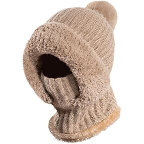 Zcargel Knitted Hat with Pompom, 55cm-60cm 3 in 1 Winter Beanie Scarf Circle and Knit Mask Siamese Windproof Women