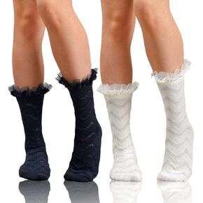 Lace Ruffle Socks Frilly Socks Textured Ankle Socks Pearl Decor Crew Socks for Women 2 Pairs