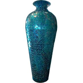 Floor Vase, Mosaic Vase, 20 Inch Tall Vase, Decorative Accent Metal Vase with Moorish Floral Pattern Glass Mosaic Inlay, Decorative Designer Vase for Home- Turquoise