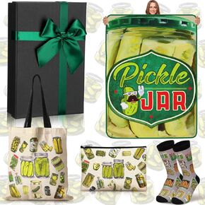 Soaoo 4 Pcs Pickle Gifts for Pickle Lovers Set, Pickle Jar Blanket Makeup Bag Socks Pickle Themed Gifts Funny Pickles Cosmetic Zipper Pouch Bag Pickle Stuff for Women Birthday Graduation Christmas