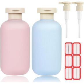 6.8oz Refillable Shampoo and Conditioner Bottles, Squeezable Travel Shampoo Bottles with Flip Cap 2Pcs Empty Shampoo Bottles with 2Pcs Pump Dispenser and Labels