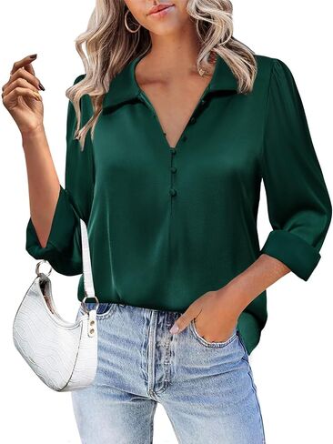 Gaharu Women's Blouse Soft Satin Silk Shirts Button V Neck Long Sleeve Office Work Tunic Tops in Saudi Arabia