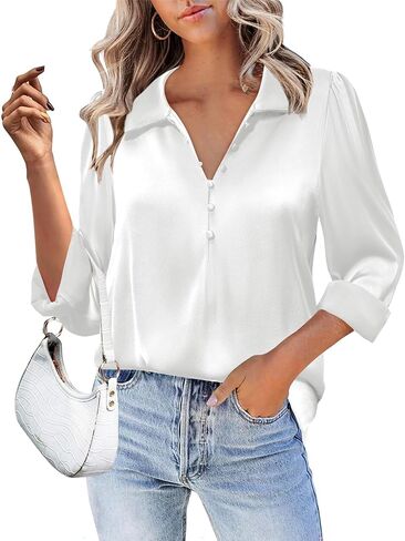 Gaharu Women's Blouse Soft Satin Silk Shirts Button V Neck Long Sleeve Office Work Tunic Tops in Saudi Arabia