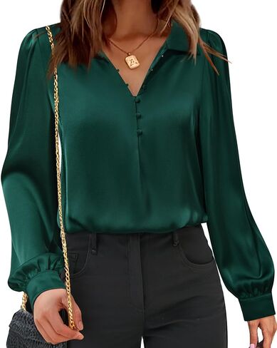 Gaharu Women's Blouse Soft Satin Silk Shirts Button V Neck Long Sleeve Office Work Tunic Tops in Saudi Arabia