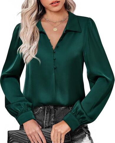 Gaharu Women's Blouse Soft Satin Silk Shirts Button V Neck Long Sleeve Office Work Tunic Tops in Saudi Arabia