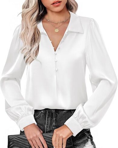 Gaharu Women's Blouse Soft Satin Silk Shirts Button V Neck Long Sleeve Office Work Tunic Tops in Saudi Arabia