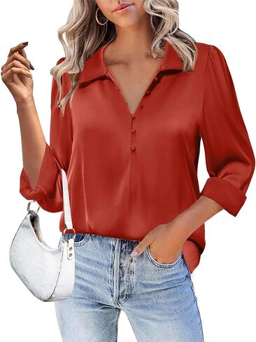 Gaharu Women's Blouse Soft Satin Silk Shirts Button V Neck Long Sleeve Office Work Tunic Tops in Saudi Arabia