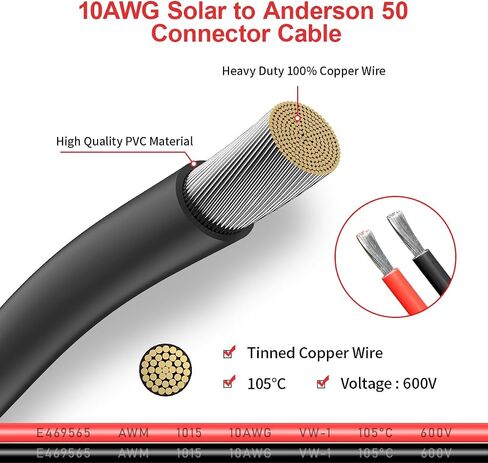 موصل لوحة طاقة شمسية 10AWG إلى كابل موصل الطاقة الشمسية Anderson 50A/600V لمولد الطاقة الشمسية طقم شاحن بطارية (2FT) in Kuwait