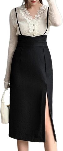 Women's High Waist Work Office Suspender Pencil Skirt Split Knee Length Bodycon Skirt in Saudi Arabia