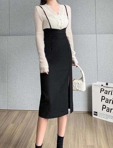 Women's High Waist Work Office Suspender Pencil Skirt Split Knee Length Bodycon Skirt in Saudi Arabia