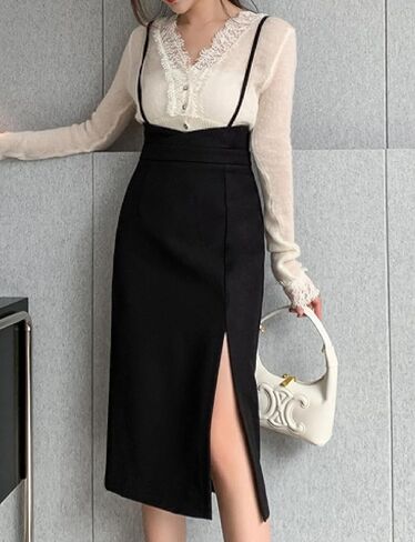 Women's High Waist Work Office Suspender Pencil Skirt Split Knee Length Bodycon Skirt in Saudi Arabia