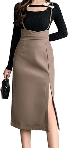Women's High Waist Work Office Suspender Pencil Skirt Split Knee Length Bodycon Skirt in Saudi Arabia