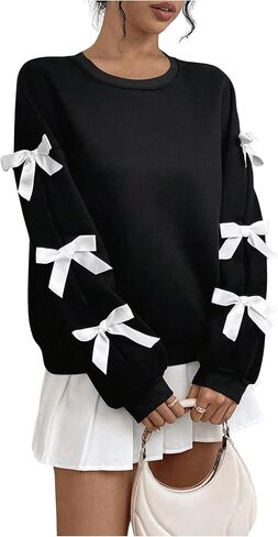 GORGLITTER Women's Bow Crew Neck Sweatshirt Drop Shoulder Long Sleeve Pullover Tops in Saudi Arabia