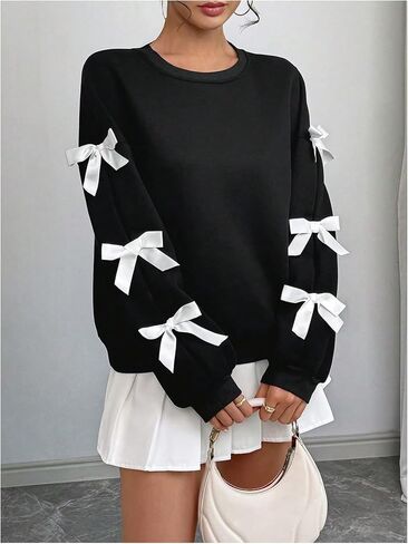 GORGLITTER Women's Bow Crew Neck Sweatshirt Drop Shoulder Long Sleeve Pullover Tops in Saudi Arabia