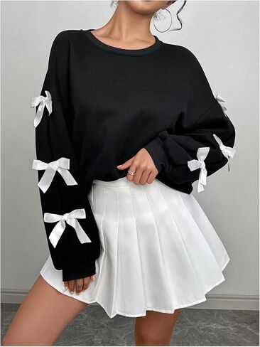 GORGLITTER Women's Bow Crew Neck Sweatshirt Drop Shoulder Long Sleeve Pullover Tops in Saudi Arabia