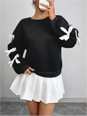 GORGLITTER Women's Bow Crew Neck Sweatshirt Drop Shoulder Long Sleeve Pullover Tops in Saudi Arabia