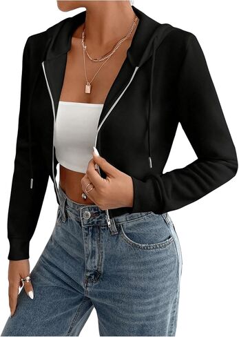 GORGLITTER Women's Cropped Zip Up Hoodie Drawstring Long Sleeve Hooded Sweatshirt in Saudi Arabia