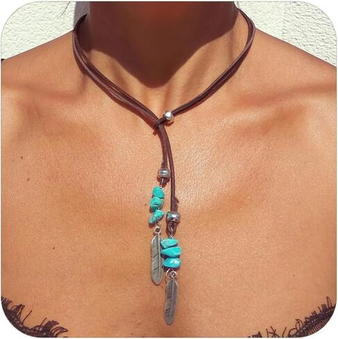 Boho Necklaces for Women, Choker Necklace for Women Trendy Boho Layered Leather Necklace Western Turquoise Necklace Boho Jewelry for Women Cowgirl in Saudi Arabia