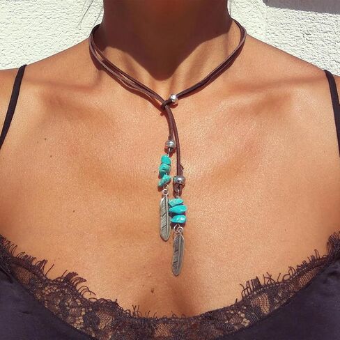 Boho Necklaces for Women, Choker Necklace for Women Trendy Boho Layered Leather Necklace Western Turquoise Necklace Boho Jewelry for Women Cowgirl in Saudi Arabia