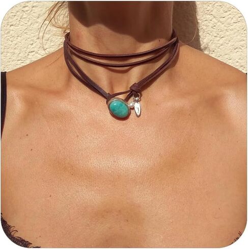 Boho Necklaces for Women, Choker Necklace for Women Trendy Boho Layered Leather Necklace Western Turquoise Necklace Boho Jewelry for Women Cowgirl in Saudi Arabia