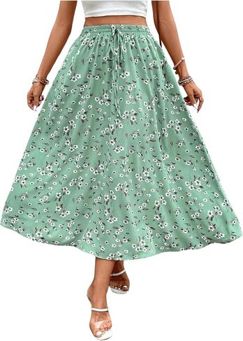 MakeMeChic Women's High Waisted Drawstring Skirt Floral Print Flare Skirts A Line Loose Maxi Long Skirt in Saudi Arabia