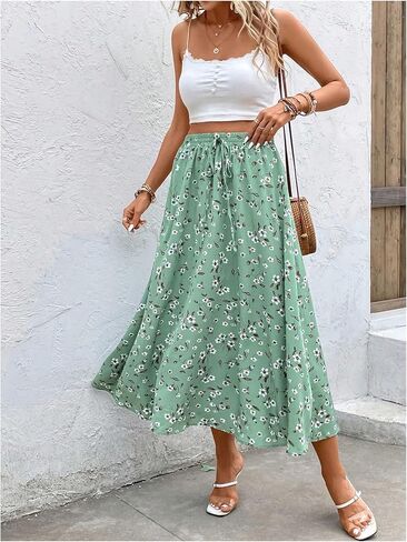 MakeMeChic Women's High Waisted Drawstring Skirt Floral Print Flare Skirts A Line Loose Maxi Long Skirt in Saudi Arabia