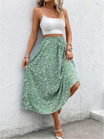 MakeMeChic Women's High Waisted Drawstring Skirt Floral Print Flare Skirts A Line Loose Maxi Long Skirt in Saudi Arabia