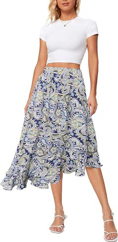 Sinono Women's Boho Floral Print High Waist High Low Asymmetric Split Ruffle Hem Midi Skirt in Kuwait