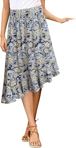 Sinono Women's Boho Floral Print High Waist High Low Asymmetric Split Ruffle Hem Midi Skirt in Kuwait