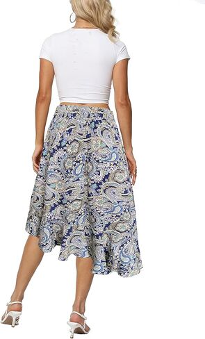 Sinono Women's Boho Floral Print High Waist High Low Asymmetric Split Ruffle Hem Midi Skirt in Kuwait