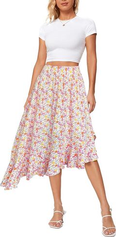 Sinono Women's Boho Floral Print High Waist High Low Asymmetric Split Ruffle Hem Midi Skirt in Saudi Arabia