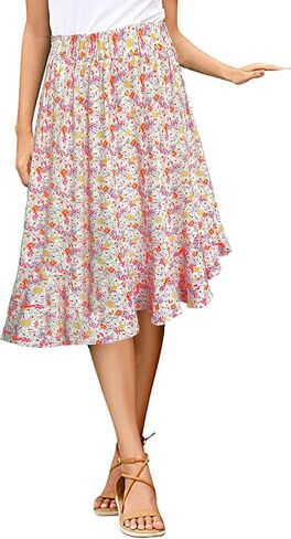 Sinono Women's Boho Floral Print High Waist High Low Asymmetric Split Ruffle Hem Midi Skirt in Saudi Arabia