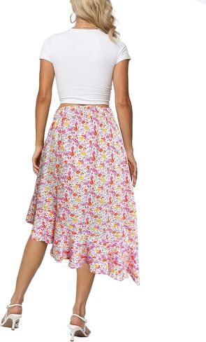 Sinono Women's Boho Floral Print High Waist High Low Asymmetric Split Ruffle Hem Midi Skirt in Saudi Arabia
