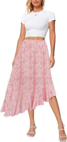 Sinono Women's Boho Floral Print High Waist High Low Asymmetric Split Ruffle Hem Midi Skirt in Saudi Arabia