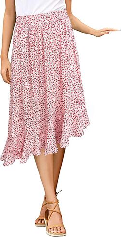 Sinono Women's Boho Floral Print High Waist High Low Asymmetric Split Ruffle Hem Midi Skirt in Saudi Arabia