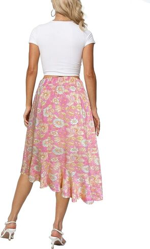 Sinono Women's Boho Floral Print High Waist High Low Asymmetric Split Ruffle Hem Midi Skirt in Saudi Arabia