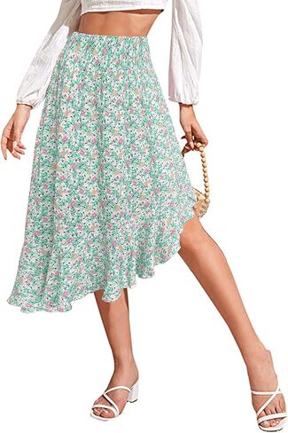 Sinono Women's Boho Floral Print High Waist High Low Asymmetric Split Ruffle Hem Midi Skirt in Saudi Arabia