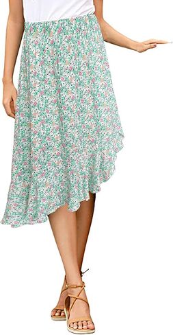 Sinono Women's Boho Floral Print High Waist High Low Asymmetric Split Ruffle Hem Midi Skirt in Saudi Arabia
