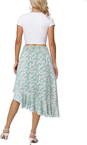 Sinono Women's Boho Floral Print High Waist High Low Asymmetric Split Ruffle Hem Midi Skirt in Saudi Arabia