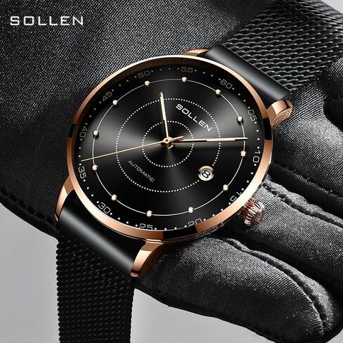 ساعات SOLLEN الأوتوماتيكية للرجال، ساعات ميكانيكية أوتوماتيكية بسيطة للرجال، ساعة يد رجالية فاخرة مضيئة ذاتية الملء مع تقويم in Kuwait