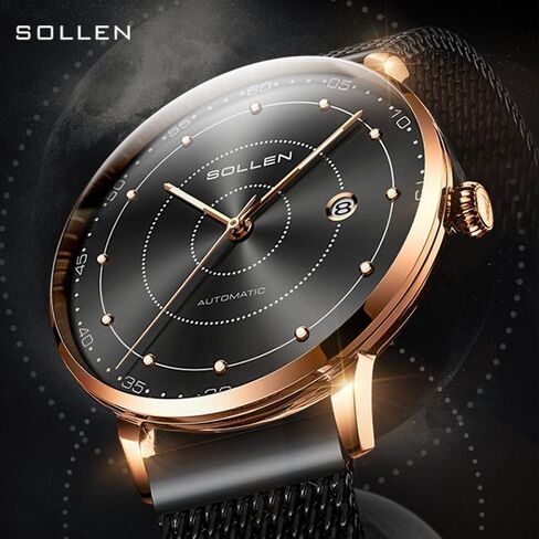 ساعات SOLLEN الأوتوماتيكية للرجال، ساعات ميكانيكية أوتوماتيكية بسيطة للرجال، ساعة يد رجالية فاخرة مضيئة ذاتية الملء مع تقويم in Kuwait