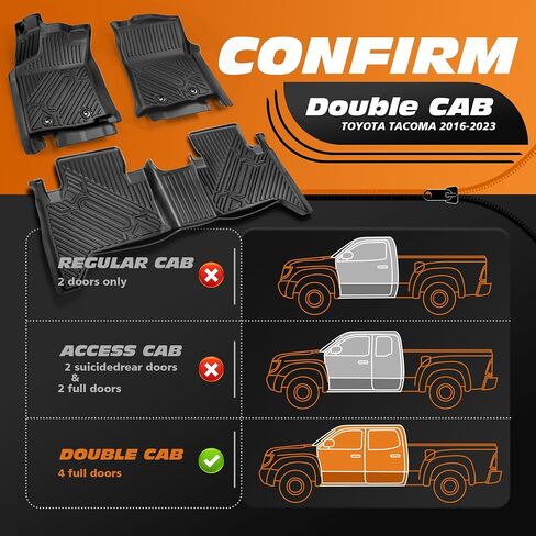 Floor Mats for Toyota Tacoma 2016-2023 (Double Cab), All Weather Custom Fit TPE Mats Front & Rear, Compatible with Automatic Models, Black in Kuwait