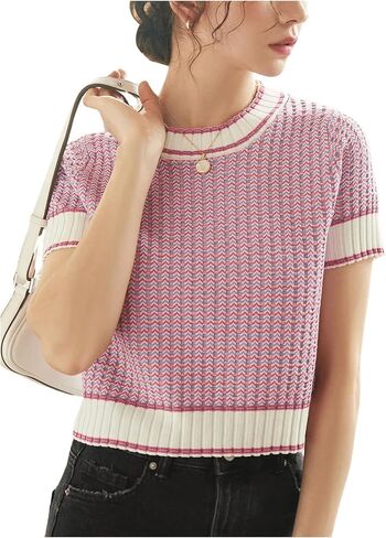 GORGLITTER Women's Colorblock Short Sleeve Sweater Ribbed Knit Striped Round Neck Pullover Tops in Saudi Arabia