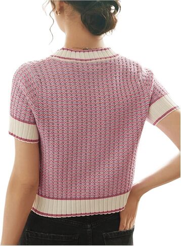 GORGLITTER Women's Colorblock Short Sleeve Sweater Ribbed Knit Striped Round Neck Pullover Tops in Saudi Arabia