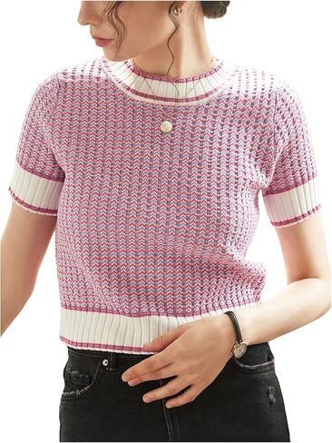 GORGLITTER Women's Colorblock Short Sleeve Sweater Ribbed Knit Striped Round Neck Pullover Tops in Saudi Arabia