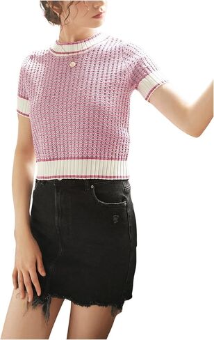 GORGLITTER Women's Colorblock Short Sleeve Sweater Ribbed Knit Striped Round Neck Pullover Tops in Saudi Arabia