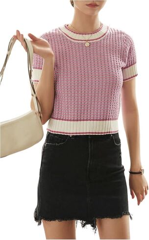 GORGLITTER Women's Colorblock Short Sleeve Sweater Ribbed Knit Striped Round Neck Pullover Tops in Saudi Arabia