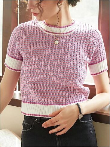GORGLITTER Women's Colorblock Short Sleeve Sweater Ribbed Knit Striped Round Neck Pullover Tops in Saudi Arabia