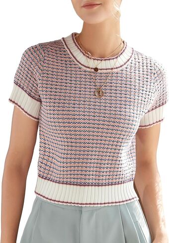 GORGLITTER Women's Colorblock Short Sleeve Sweater Ribbed Knit Striped Round Neck Pullover Tops in Saudi Arabia